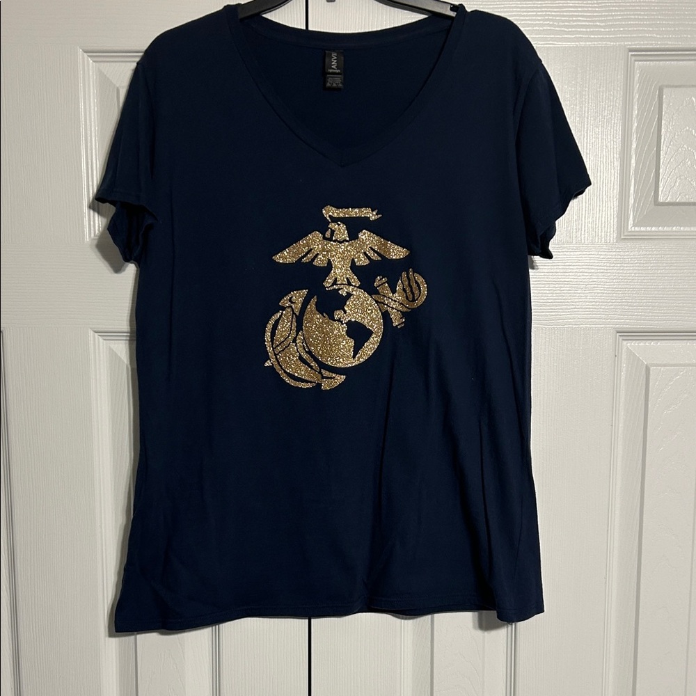 Navy Blue V-Neck Top with Gold Graphic